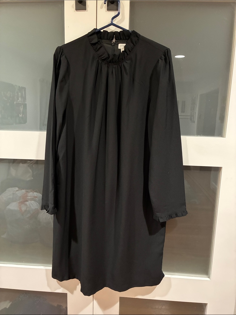 J. Crew Black Ruffle-Neck Long Sleeve Shift Dress
